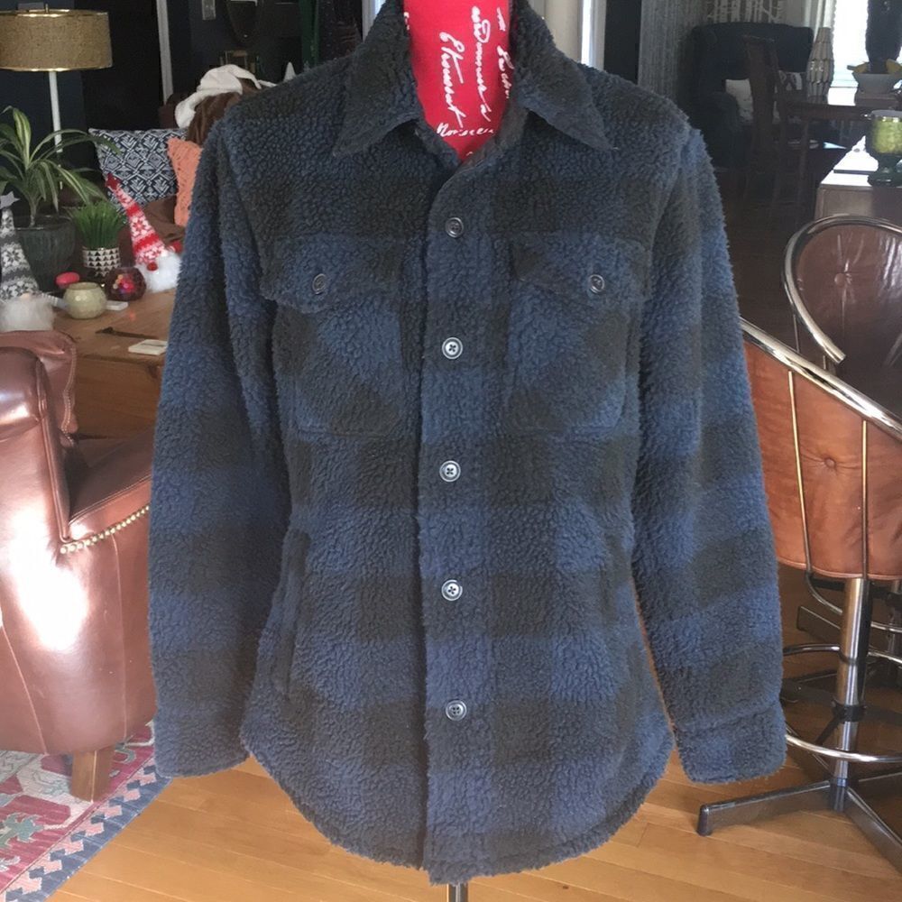 GAP Mens Navy Blue & Black Buffalo Plaid Sherpa Shacket (shirt/jacket) sz XS